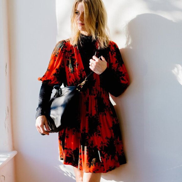 Ganni - Floral Print Crepe Mini Dress in Red - Picture 3 of 10